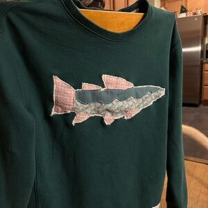 Life Is Good Green Sweatshirt with Fish Quilted Patchwork Appliqué